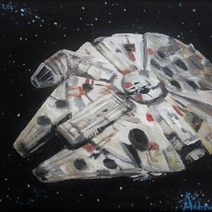 May include: A hand-painted canvas featuring a white spaceship against a black background with white stars. The spaceship is a popular fictional spacecraft from the Star Wars franchise.