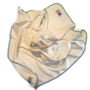 Può includere: Un bavaglino in tessuto bianco per neonati con bordino blu e verde. Il tessuto ha un piccolo logo rosso e arancione con il testo "Little Lamb" su di esso.