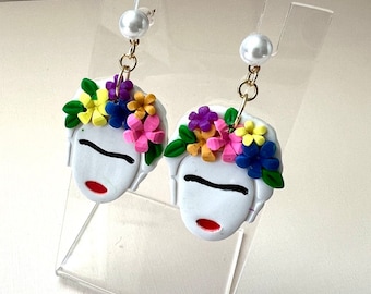 Mexican icon Earrings Flower Unibrow Bouquet Polymer clay earrings fashion statement earrings