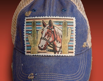 Paint By Numbers Horse on a Denim Blue Distressed Ball Cap