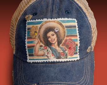 Vaquera Cowgirl on a Denim Blue Distressed Ball Cap