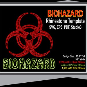 May include: A rhinestone template for a biohazard symbol. The template is 10.5 inches tall and 9.8 inches wide. It includes 1,220 light Siam stones, 446 peridot stones, and a total of 1,666 stones.