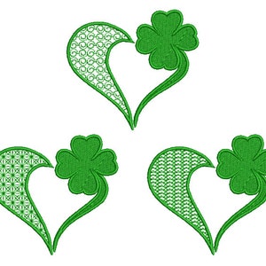 Peut inclure: Trois cœurs verts en trèfle avec un motif de dentelle. Les trèfles sont des trèfles à quatre feuilles.