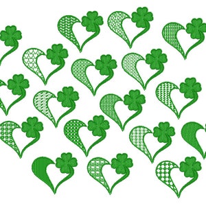 Peut inclure: Une collection de 20 cœurs de trèfle vert avec des motifs complexes. Chaque cœur présente un trèfle à quatre feuilles au centre.