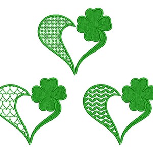 Peut inclure: Trois cœurs de trèfle vert avec des motifs différents. Les cœurs sont soulignés en vert et ont un trèfle dans le coin supérieur droit.