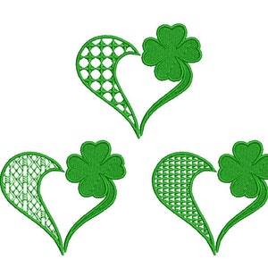 Peut inclure: Trois motifs brodés verts représentant un trèfle à quatre feuilles à l'intérieur d'une forme de cœur. Les cœurs sont remplis d'un motif.