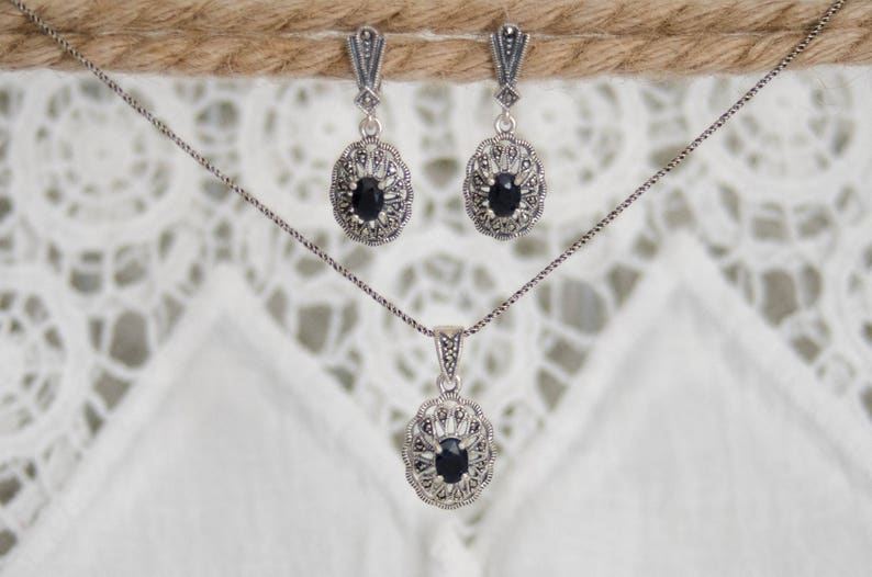 Sterling Silver Earrings and Necklace Set With Sapphire Gem Etsy