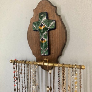 Wall mounted jewelry holder - Heirloom quality - Cross - Prayer - Long Necklace Holder - hand painted pottery cross