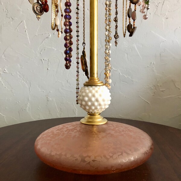 Vintage Jewelry holder - repurposed vintage pink glass lamp - vintage jewelry stand - heirloom quality - brass accents