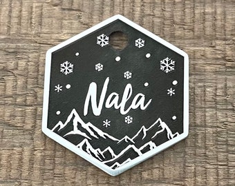Snowy Mountain Dog Tag, Pet ID Tag, Personalized Brass Dog Tag, Microchip Pet Tag, Custom Dog Tags, Ice, Dog Collar Tag, Unique, Frost, Ice