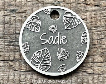 Monstera Leaf Pet Tag, Pet ID Tag, Cat ID Tag, Personalized Dog Tag, Microchip Pet Tag, Custom Dog Tags, Dog Collar Tag, Unique, Cute, Thick