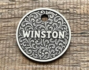 Vintage Scroll Work Dog Tag, Classic Ornamental Pet ID Tag