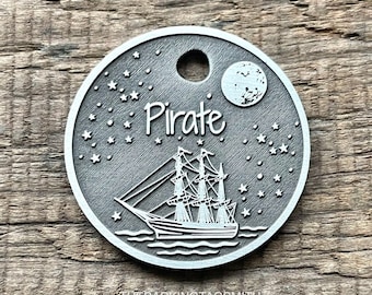Pirate Ship Dog Tag, Pet ID Tag, Personalized Dog Tag, Microchip Pet Tag, Custom Dog Tags, Luna, Dog Collar Tag, Unique, Cute, Thick