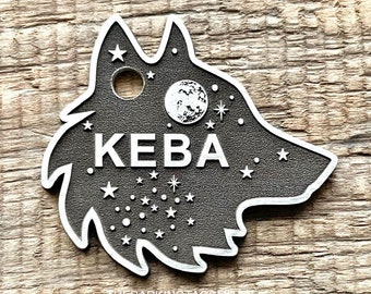 Space Dog Tag, Wolf Pet ID Tag, Personalized Brass Dog Tag, Microchip Pet Tag, Custom Dog Tags, Luna, Dog Collar Tag, Unique, Cute, Thick