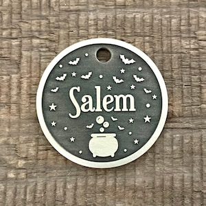 Salem Pet Tag, Cat, Kitten, Pet ID Tag, Personalized Dog Tag, Witch, Bats, Halloween Pet Tag, Custom Dog Tags, Dog Collar Tag, Unique