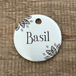 Basil Dog Tag, Basil Leaf, Pet ID Tag, Floral, Personalized Dog Tag, Microchip Pet Tag, Custom Dog Tags,  Dog Collar Tag, Unique, Cute,