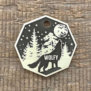Howling Wolf Dog Tag, Adventure Pet ID Tag, Personalized Dog Tag, Octagon Pet Tag, Custom Dog Tags, Luna, Dog Collar Tag