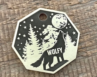Howling Wolf Dog Tag, Adventure Pet ID Tag, Personalized Dog Tag, Octagon Pet Tag, Custom Dog Tags, Luna, Dog Collar Tag