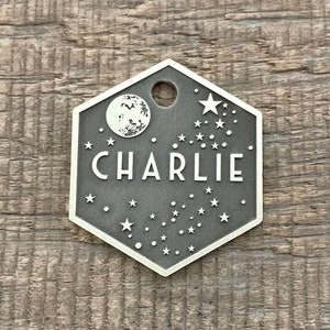 Space Dog Tag, Hexagon Pet ID Tag, Personalized Brass Dog Tag, Microchip Pet Tag, Custom Dog Tags, Luna, Dog Collar Tag, Unique, Cute, Thick