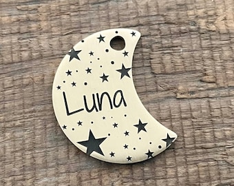 Targhetta identificativa per animali domestici a forma di luna, targhetta identificativa per animali domestici a forma di stelle, targhetta identificativa per gatti a forma di mezzaluna, targhetta identificativa per gatti, targhetta per collare, Luna, targhetta identificativa per cani,