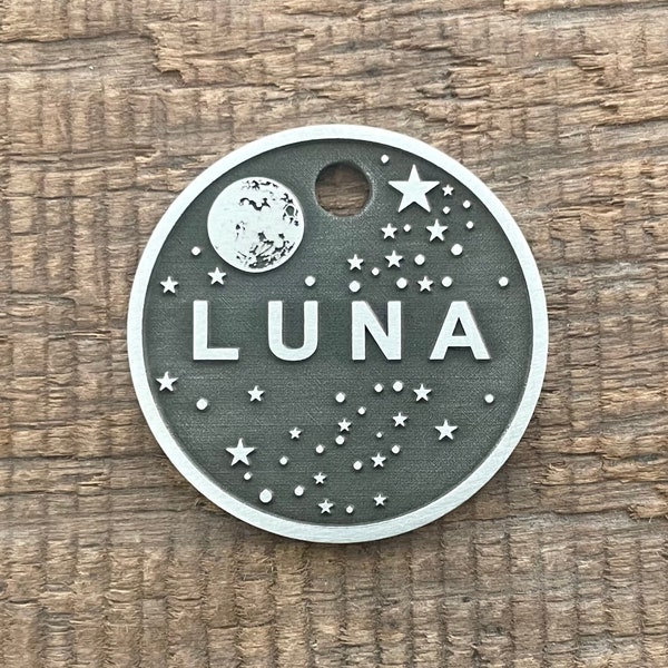 Space Themed Pet ID Tag, Dog Collar Tag, Engraved Tag For Pets. Custom Personalised Pet ID, Dog Moon Tag, Puppy Pet Tag, Luna