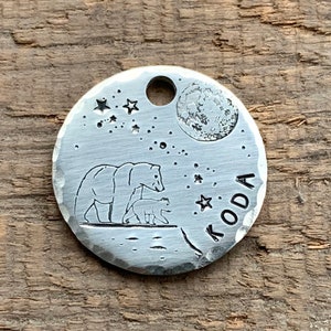 Bear Pet ID Tag, Space Tag, Hand Stamped, Personalised, Moon Dog Tag, Large, Small, Unique, Dog ID Tag, Collar Tag, Puppy Tag, Double Sided