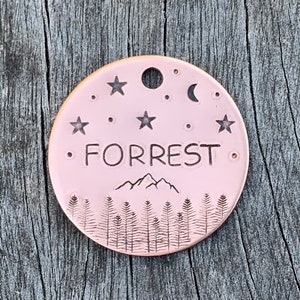 Copper Pet ID Tag, Hand Stamped, Personalised, Moon Forest Sky Themed Dog Tag For Dogs, Large, Small, Unique,