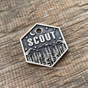 Hexagon-shaped engraved pet ID tag with mountain, forest, moon, and stars design, featuring the name "Scout" in bold lettering. Adventure-themed dog tag handcrafted by The Barking Tagsmith
