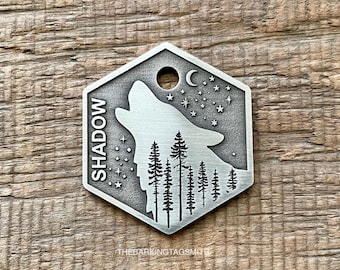 Wolf Dog Tag, Pet ID Tag, Dog Collar Tag, Dog Name Tag, Personalized Dog Tag, Microchip Pet Tag, Mountain Dog Tag, Luna, Unique, Cute, thick