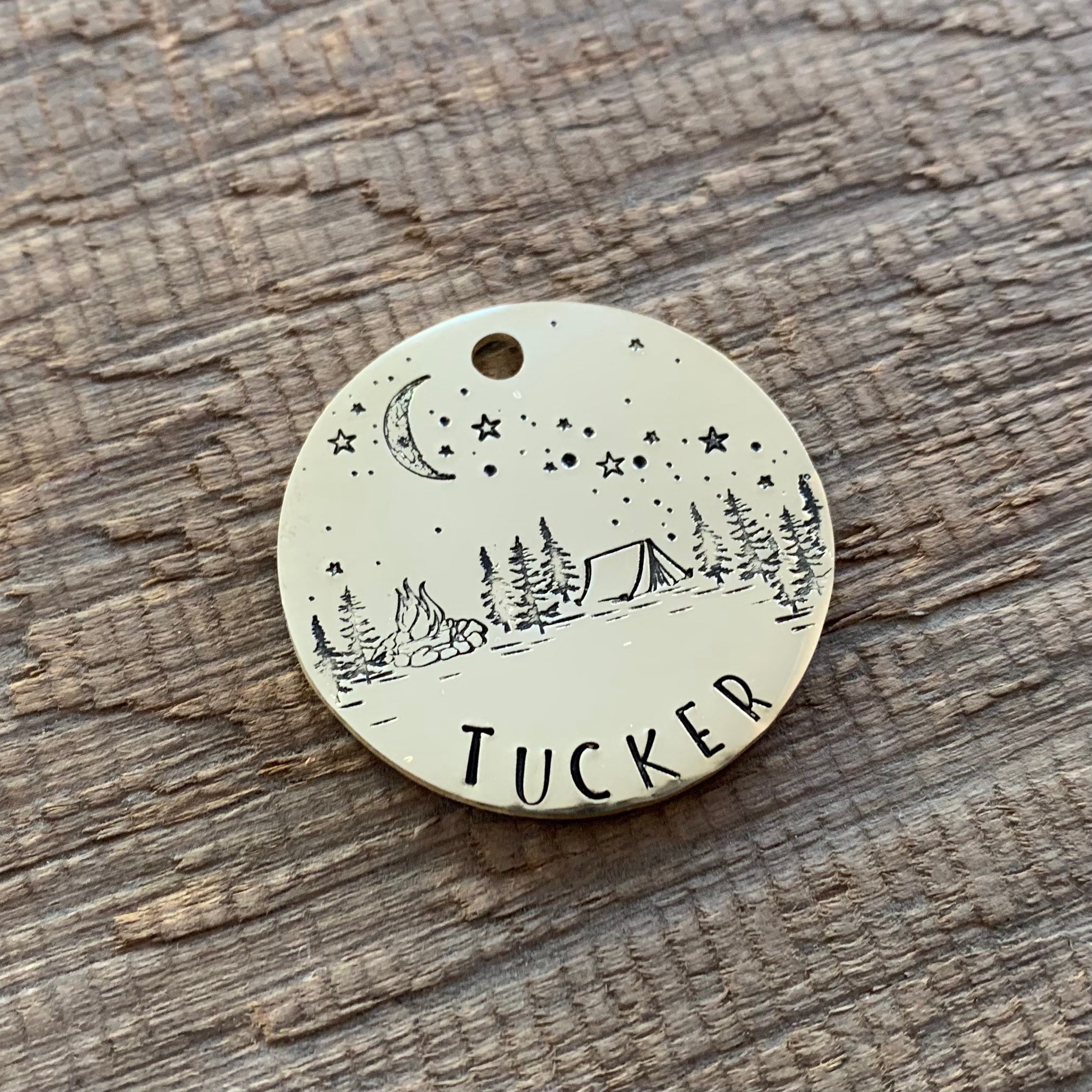 Camping Pet ID Tag Hand Stamped Personalised Moon Forest Etsy