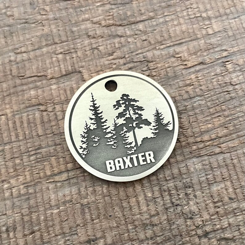 Op de afbeelding: Een ronde, zilverkleurige hondenpenning met een boslandschap gegraveerd. De naam "BAXTER" staat eronder. De penning heeft een klein gaatje aan de bovenkant.