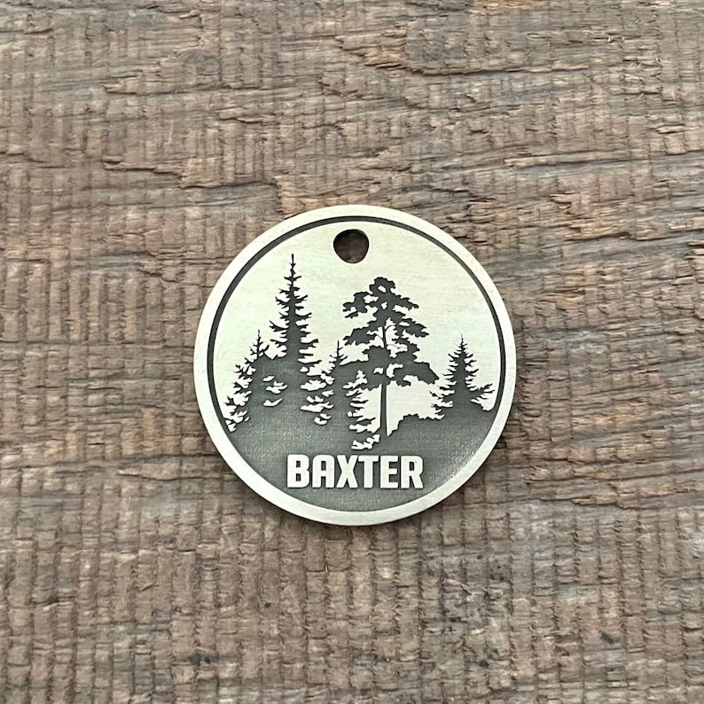 Bos hondenpenning, bomen huisdier ID-tag, kat ID-tag, gepersonaliseerde hondenpenning, microchip huisdier tag, custom, hondenhalsband tag, uniek, schattig, dik afbeelding 1