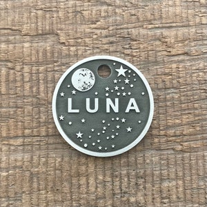Space Dog Tag, Pet ID Tag, Personalized Brass Dog Tag, Microchip Pet Tag, Custom Dog Tags, Luna, Dog Collar Tag, Unique, Cute, Thick