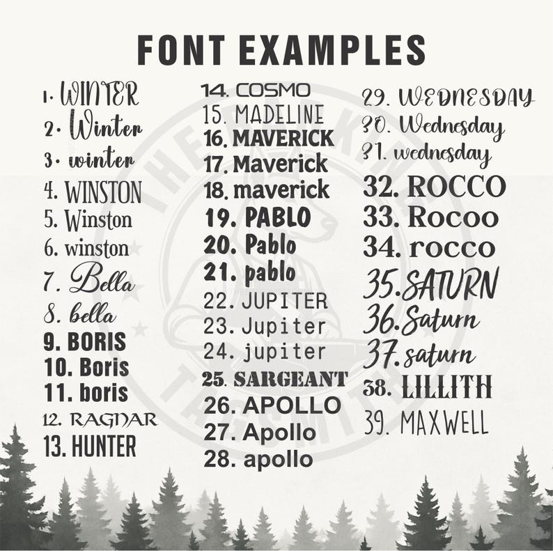 a black and white poster with the names of different font styles