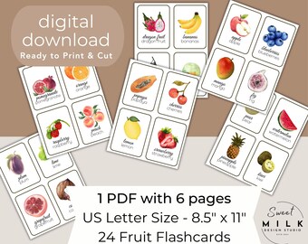 Puede incluir: Descarga digital de 24 tarjetas didácticas de frutas. Cada tarjeta presenta una ilustración en acuarela de una fruta con su nombre en una fuente limpia. Las tarjetas están diseñadas para imprimir y cortar, con un tamaño de US Letter de 21,6 cm x 27,9 cm. Incluye frutas como manzanas, plátanos y fresas.
