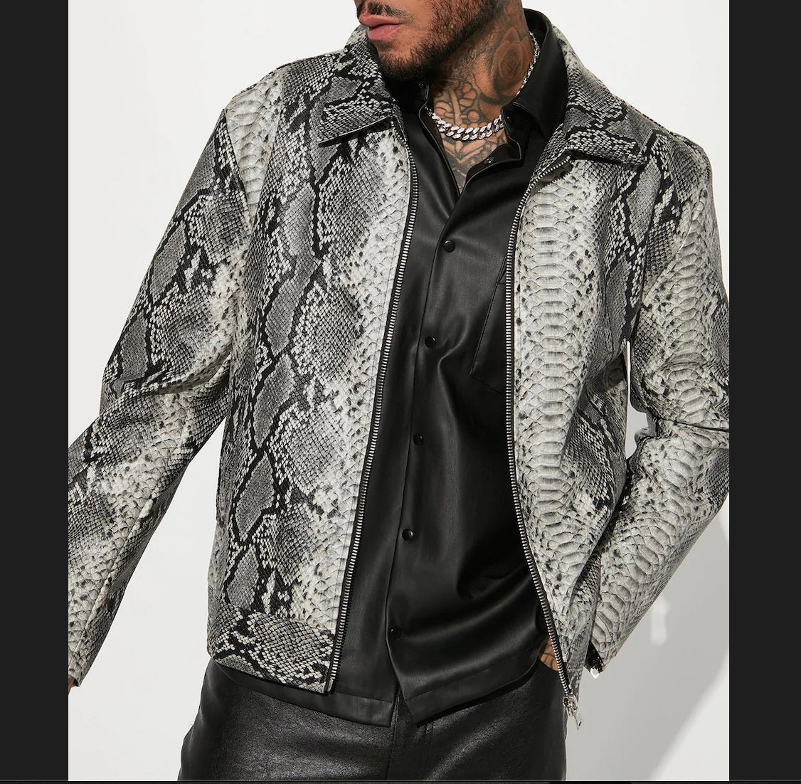 Men Gothic Gray Exotic Snake Texture Leather Jacket Men 