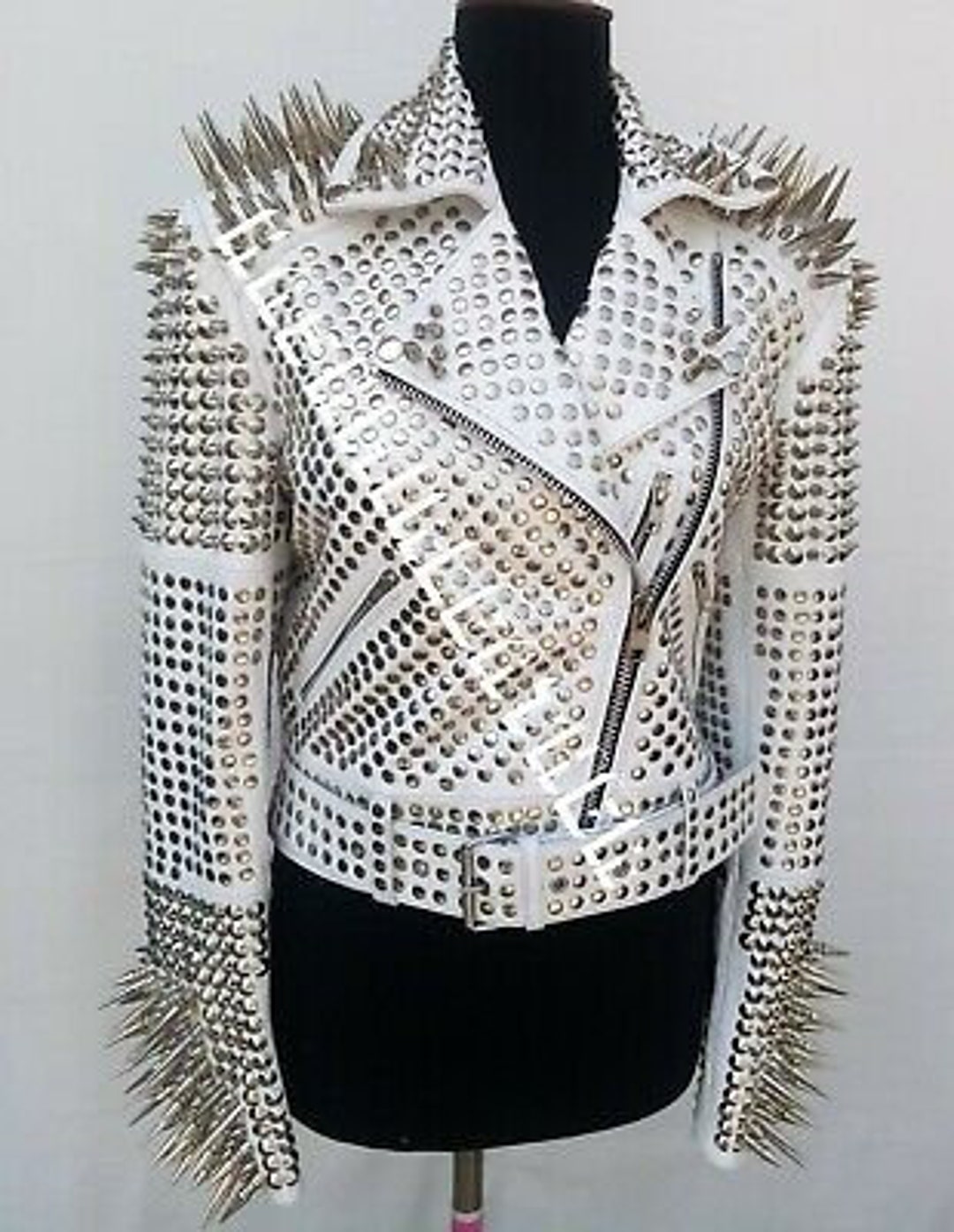 Men White Long Spiked and Studded Leather Jacket for Bikers - Etsy