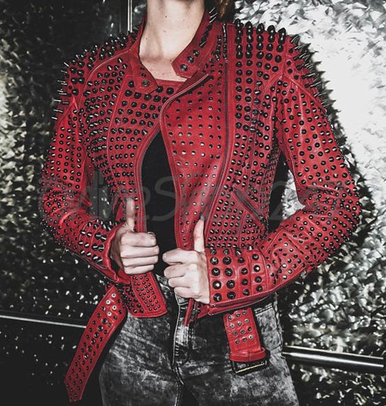 New Women Red Full Heavy Metal Black Spiked Tonal Studded Punk Leather Jacket Rock Biker Style jacket women
