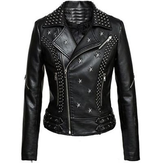 Women Black Silver Star Studded Leather Jacket Studded Biker | Etsy