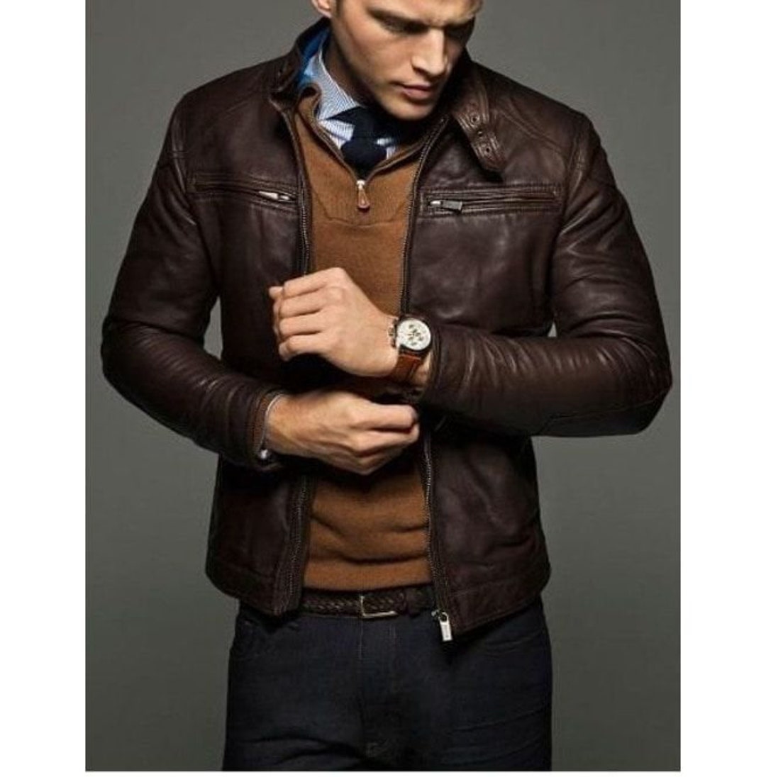 Mens Slim Fit Leather Jackets Men Brown Leather Jacket - Etsy