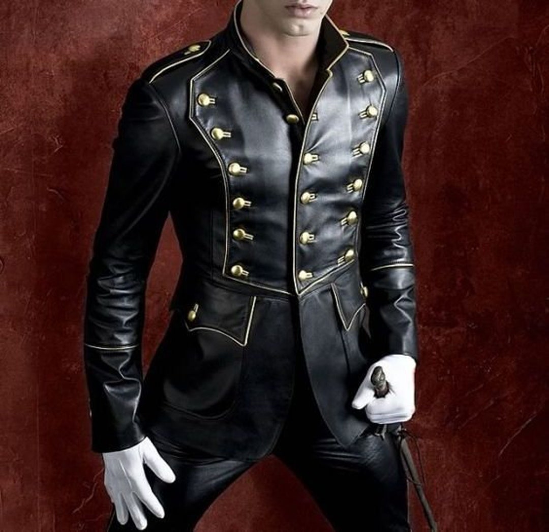 Men Black Military Style Leather Coat Jacket Men Black Etsy