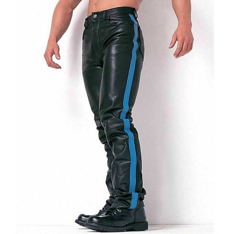 Men Hot Style Cow Leather Motorcycle Jeans Biker Trouser With Blue Strip