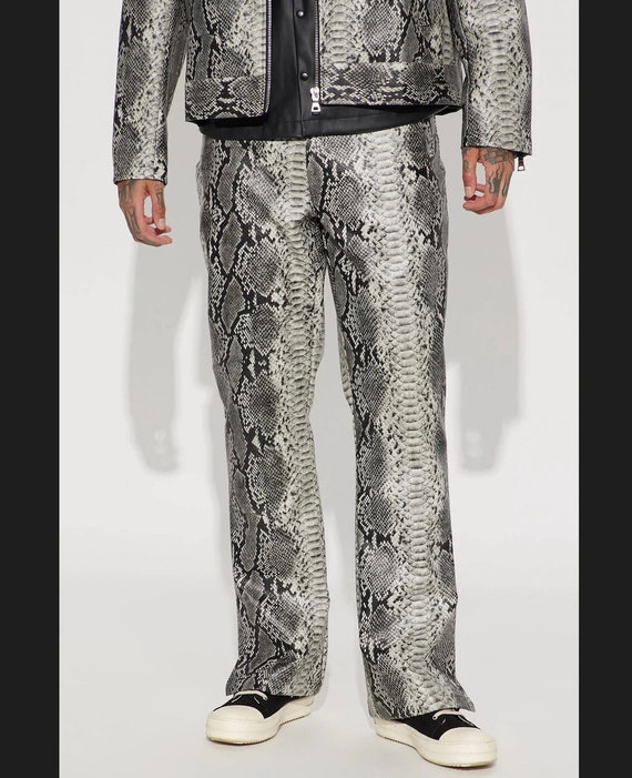 Men Gray Exotic Snake Textured Leather Pants Exotic Animal 