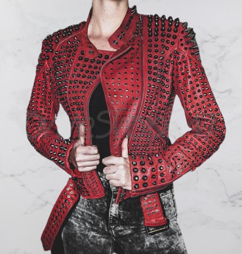 New Women Red Full Heavy Metal Black Spiked Tonal Studded Punk Leather Jacket Rock Biker Style jacket women