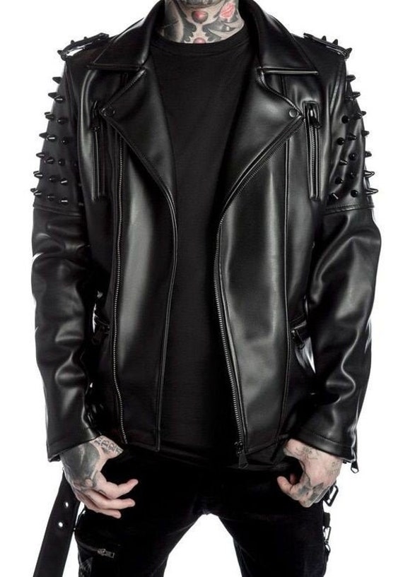 Men Black Stylish Leather Jacket With Spiked Upper Sleeves - Etsy Finland