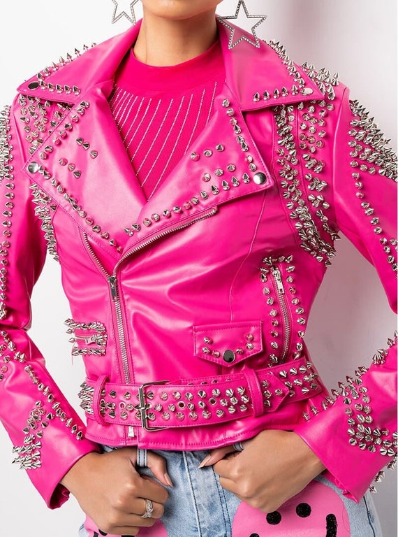 Women Pink Brando Genuine Leather Jacket - Leather Skin Shop