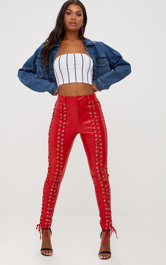 Women Red Leather Lace-up Pants Biker Leather Pants Fitted - Etsy