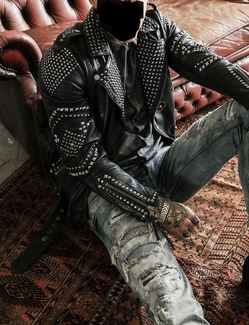 Men Rock Punk Style Black Leather Jacket With Studs Studded Etsy