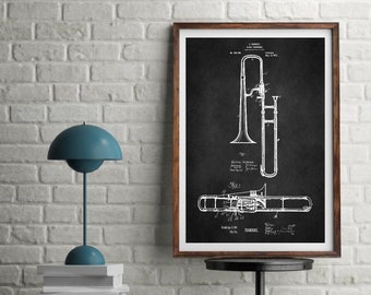 Trombone, Jazz Wall Art, Blueprint Poster, Patent Prints, Musician Gift, Trombone Player, Music Room Decor, Downloadable Prints, Jazz Art