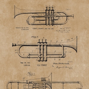 Jazz Wall Art, Blueprint Poster, Trumpet, Cornet, Trombone, Patent Prints, Marching Band, Music Room Decor, Downloadable Prints, Jazz Art
